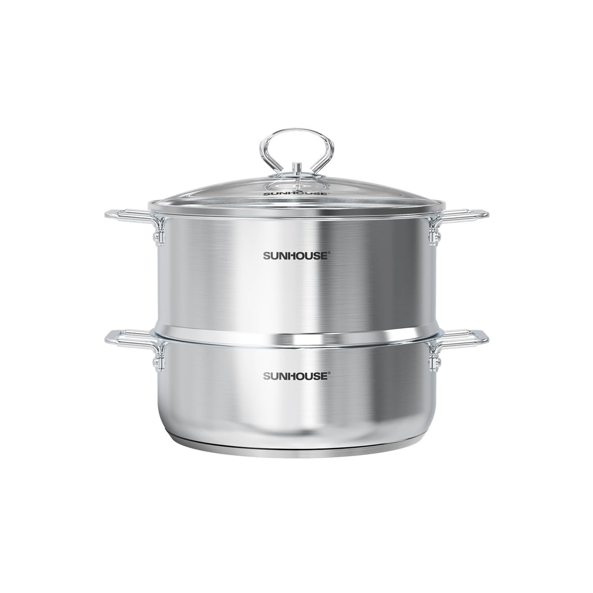 Sunhouse two-tier steamer with lid on for easy vegetable monitoring