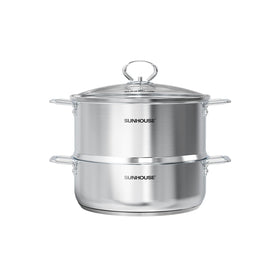 Sunhouse two-tier steamer with lid on for easy vegetable monitoring