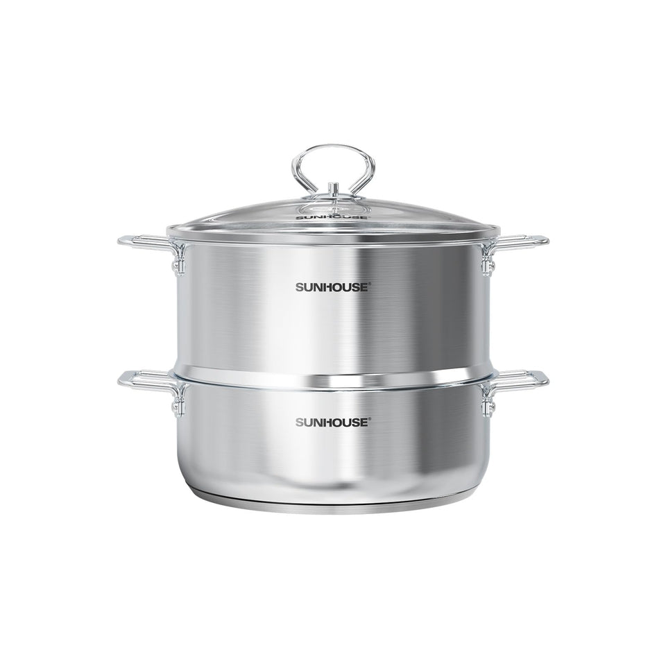 Sunhouse two-tier steamer with lid on for easy vegetable monitoring