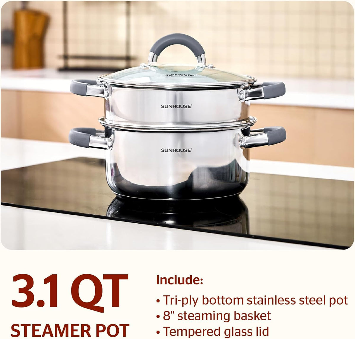 Sunhouse two-tier steamer pot setup for efficient batch steaming of vegetables and dumplings
