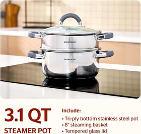 Sunhouse two-tier steamer pot setup for efficient batch steaming of vegetables and dumplings