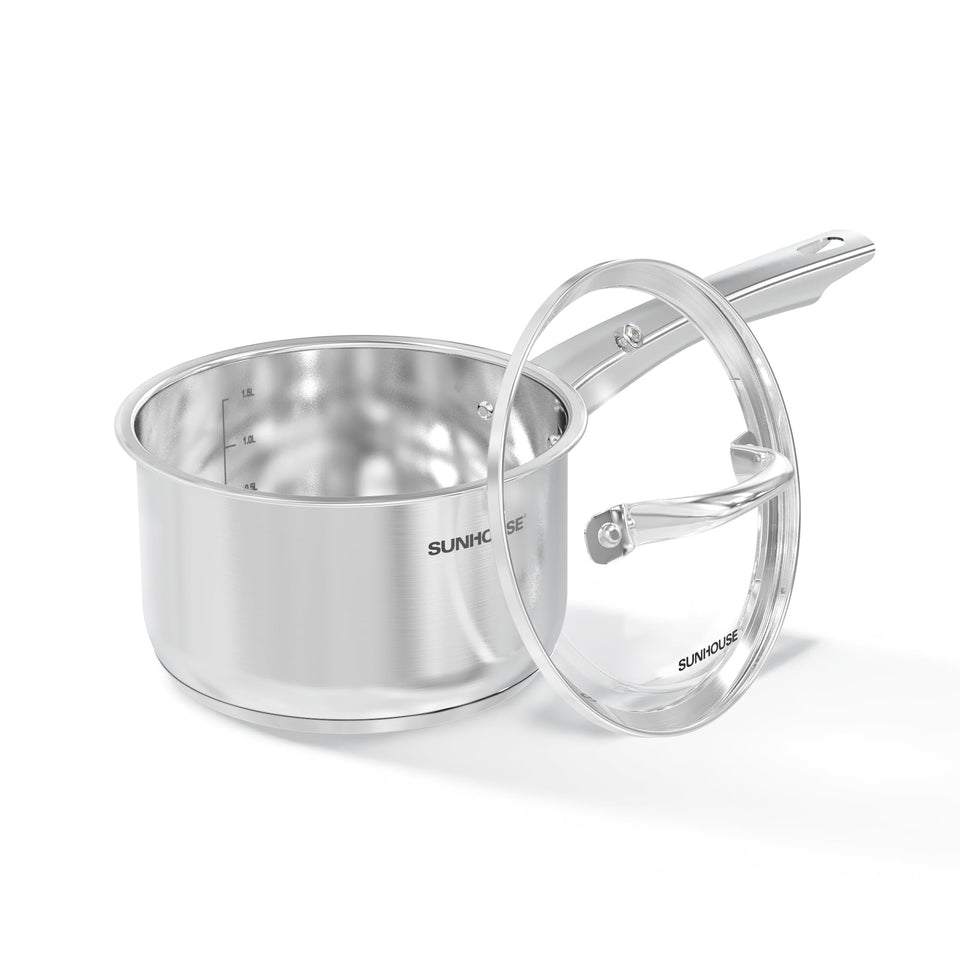 Sunhouse 2-quart sauce pan on stove delivers even heat for smooth sauces.