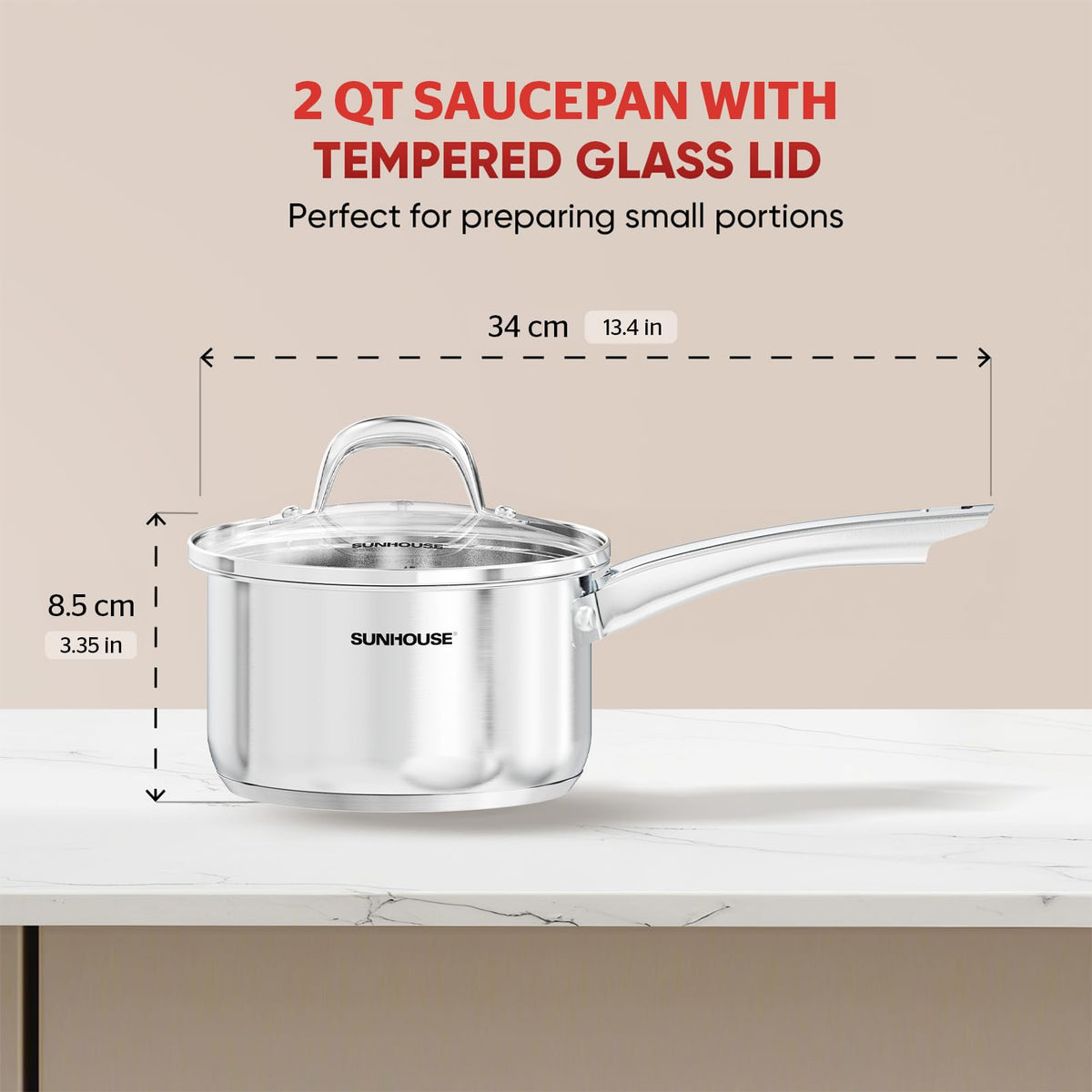 Sunhouse 2-quart sauce pan with stay-cool handle for safe pouring.