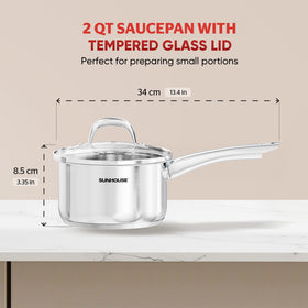 Sunhouse 2-quart sauce pan with stay-cool handle for safe pouring.