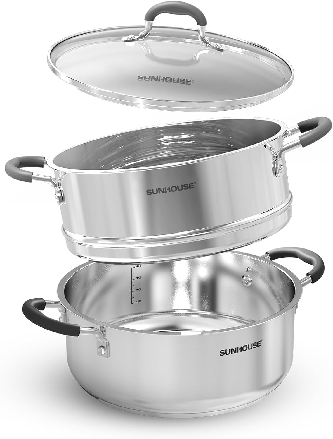 Sunhouse 46qt steamer pot two-tier setup enables versatile family meals.