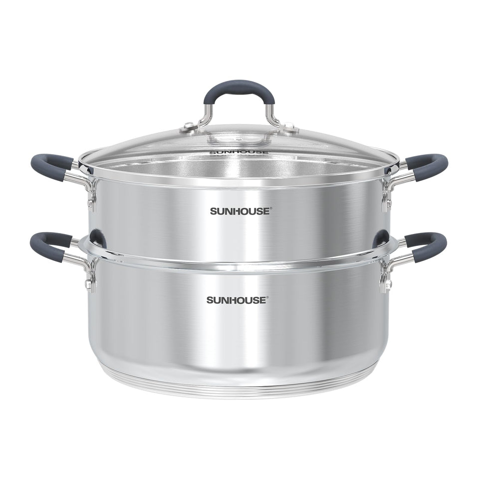 Sunhouse steamer pot with two tiers and lid for quick, healthy meals.