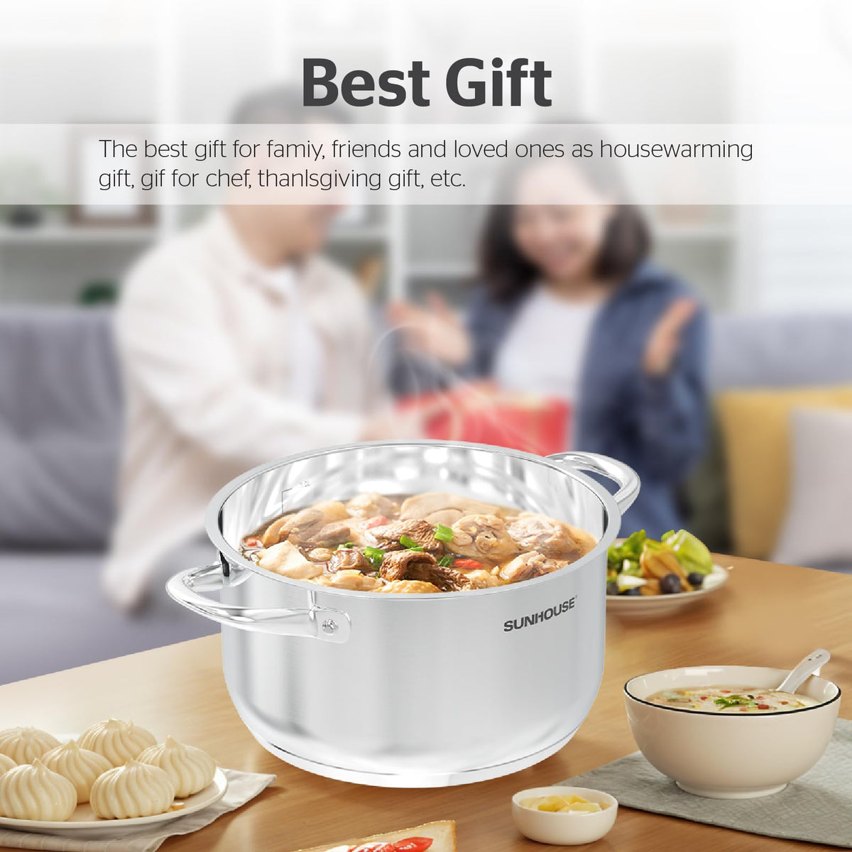 Sunhouse stock pot beside a dishwasher highlighting easy cleanup.