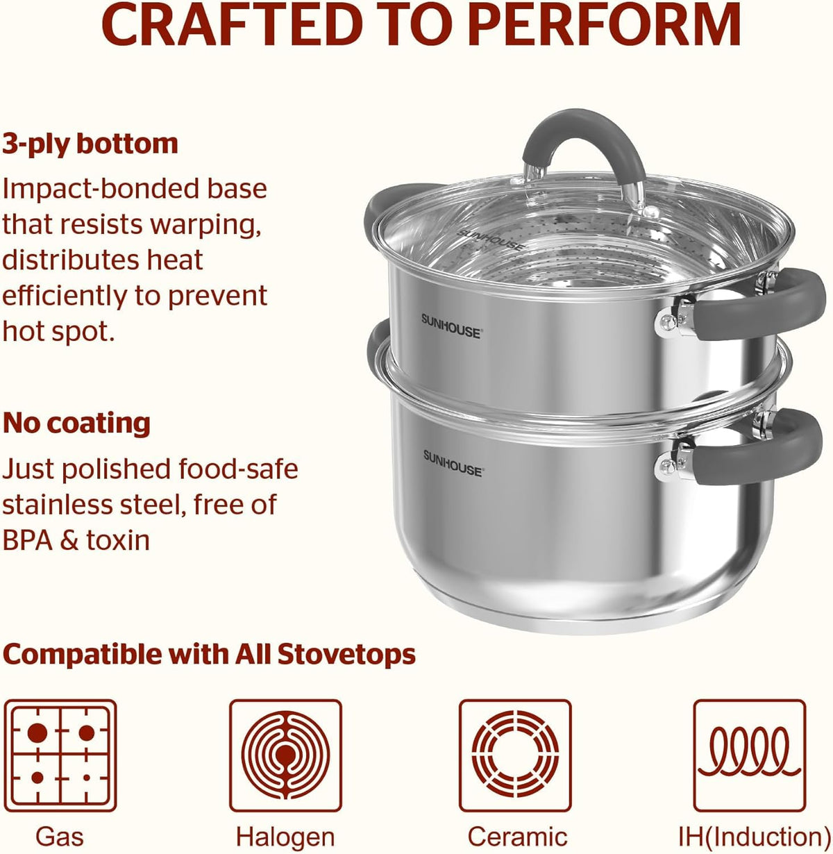 Sunhouse encapsulated tri-ply base for fast, even heat across all cooktops