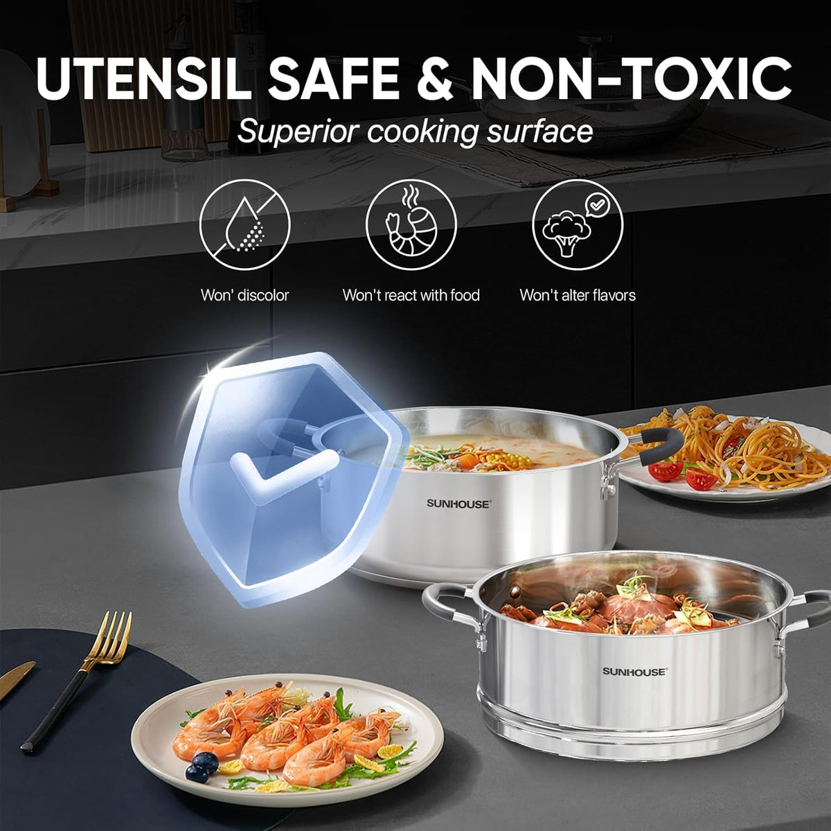 Sunhouse induction-compatible base works on gas, electric, ceramic, and induction.