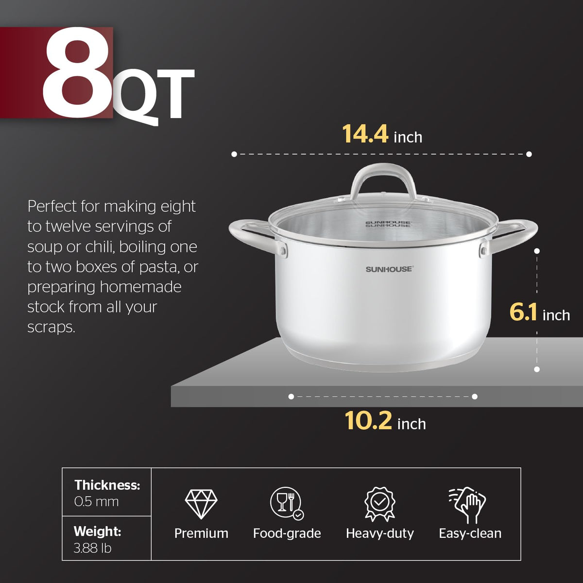 Sunhouse large 8-quart capacity ideal for soups and batches.