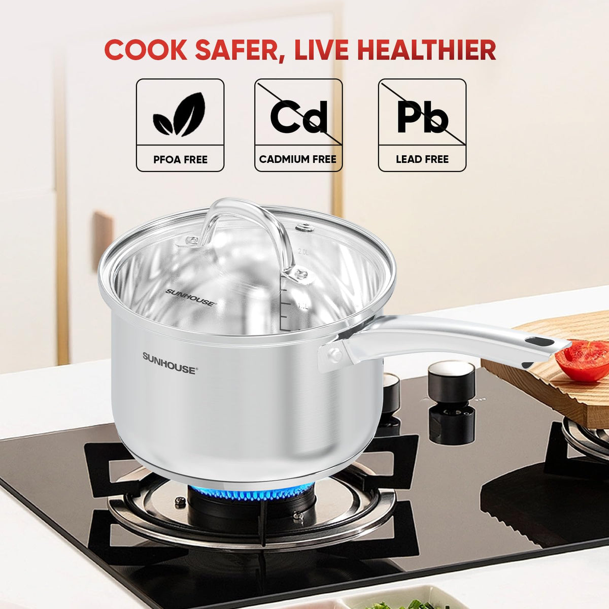 Sunhouse PFOA-free interior preserves flavor while cooking sauces and grains