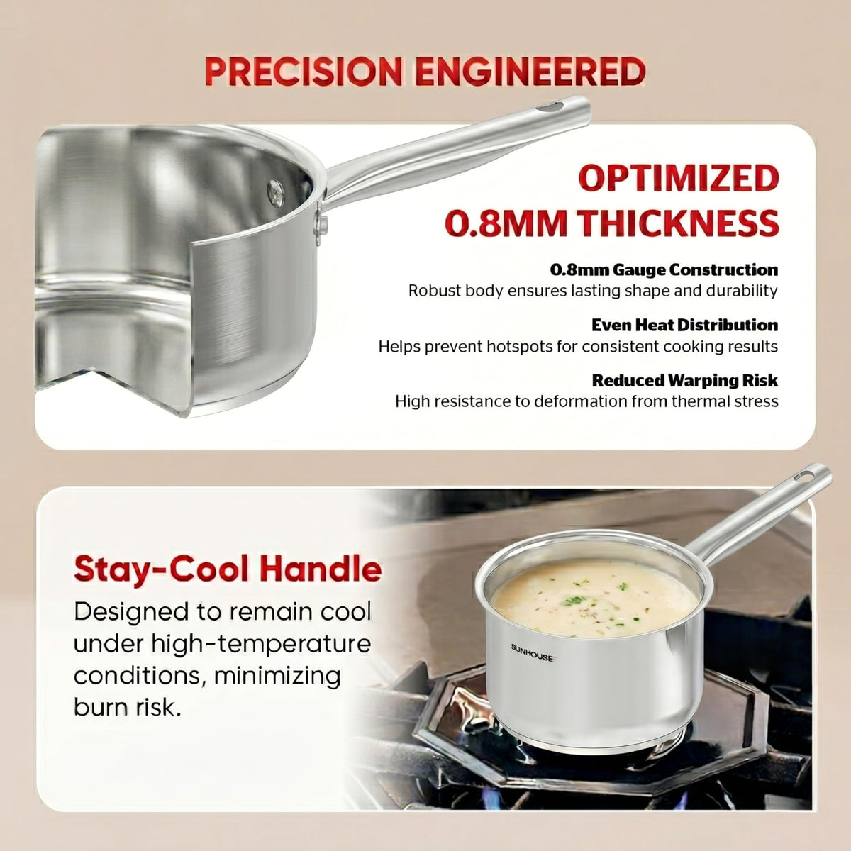 Sunhouse PFOA-free stainless interior preserves flavor while heating sauces.