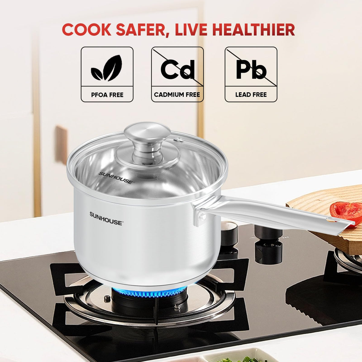 Sunhouse polished stainless finish enhances kitchen look and cleaning ease.