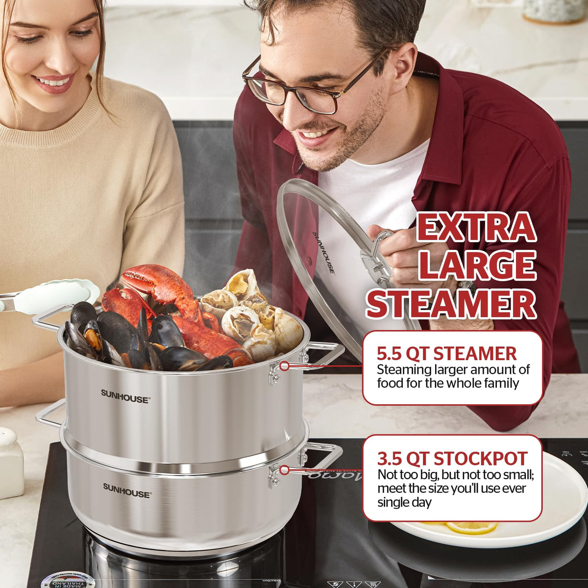 Sunhouse stay-cool riveted handles provide safe transfers from stove to table
