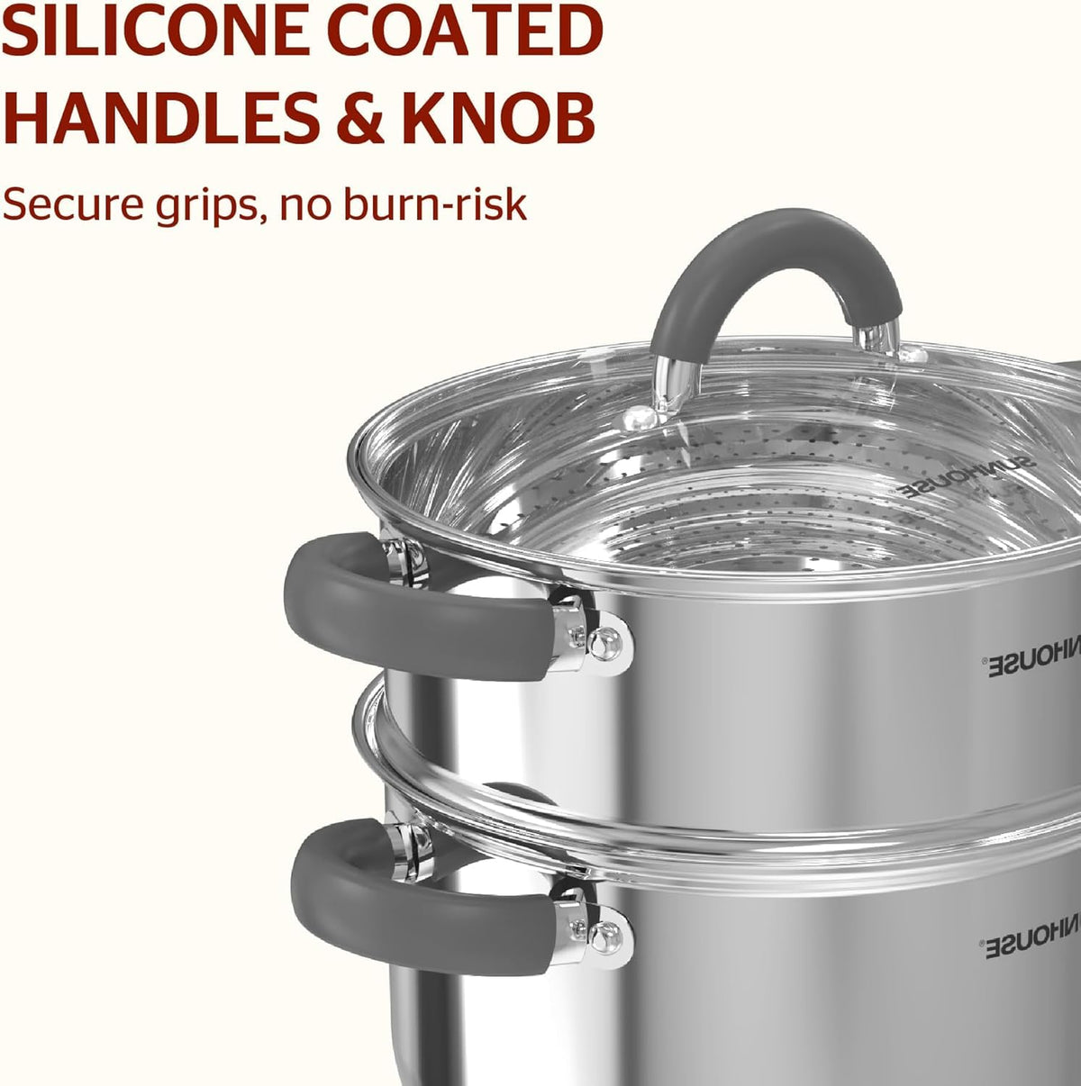 Sunhouse stay-cool handles for secure grip while moving from stove to table