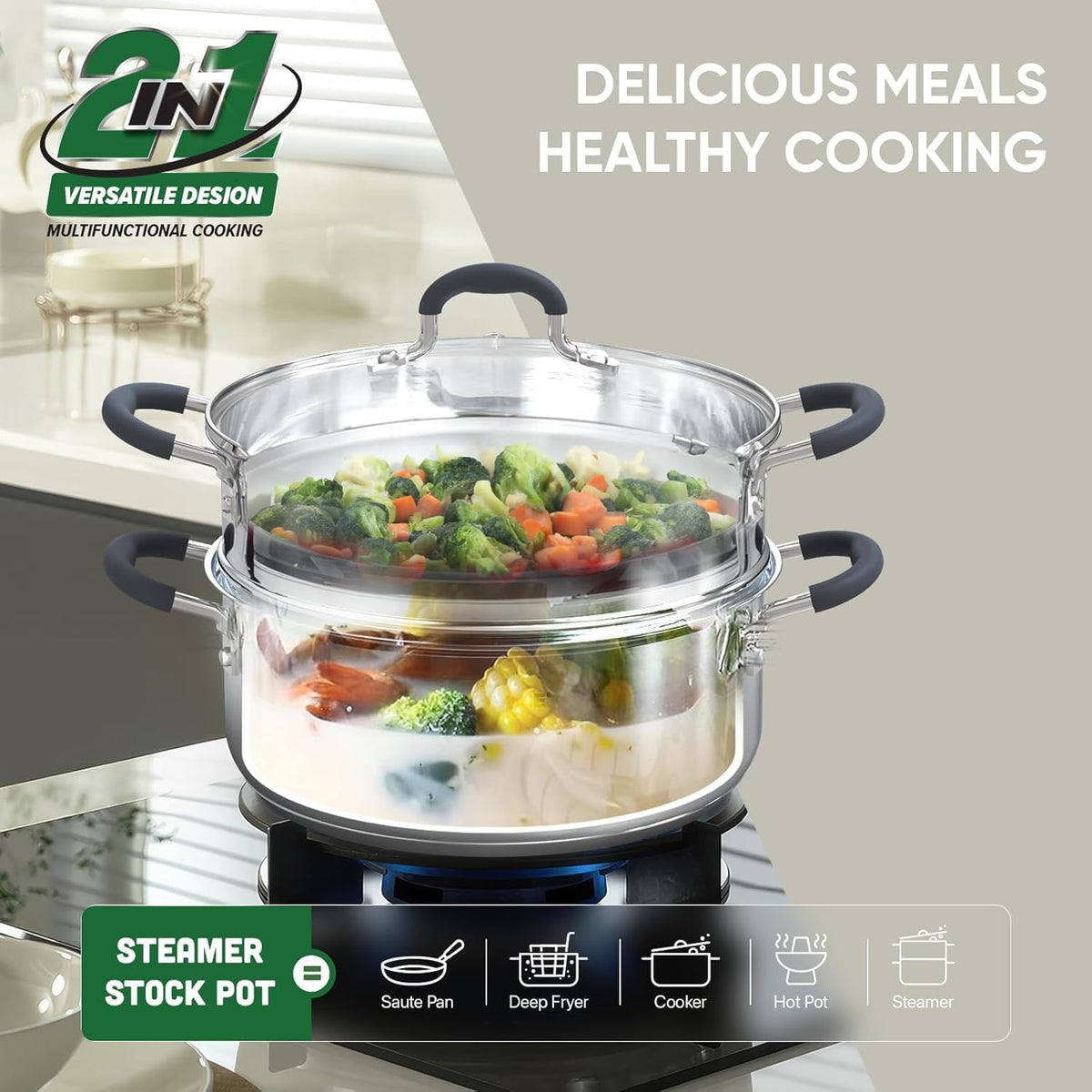 Sunhouse steamer basket enables efficient steaming of vegetables and dumplings.