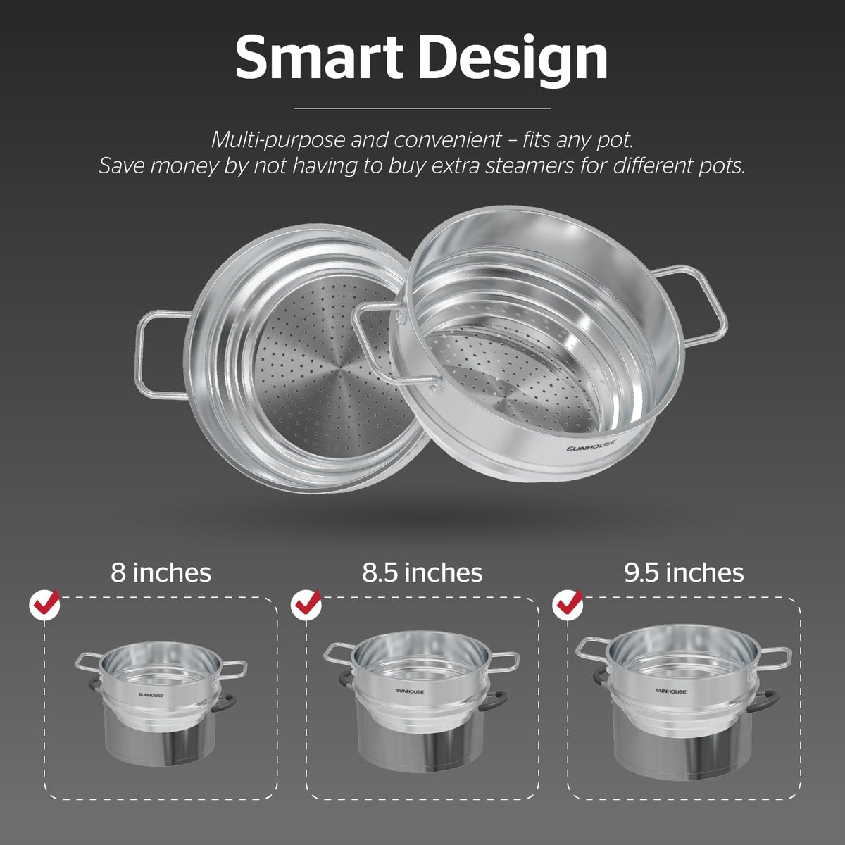 Sunhouse steamer insert demonstrates 8-5 inch pot compatibility for flexible meal prep.