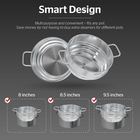 Sunhouse steamer insert demonstrates 8-5 inch pot compatibility for flexible meal prep.
