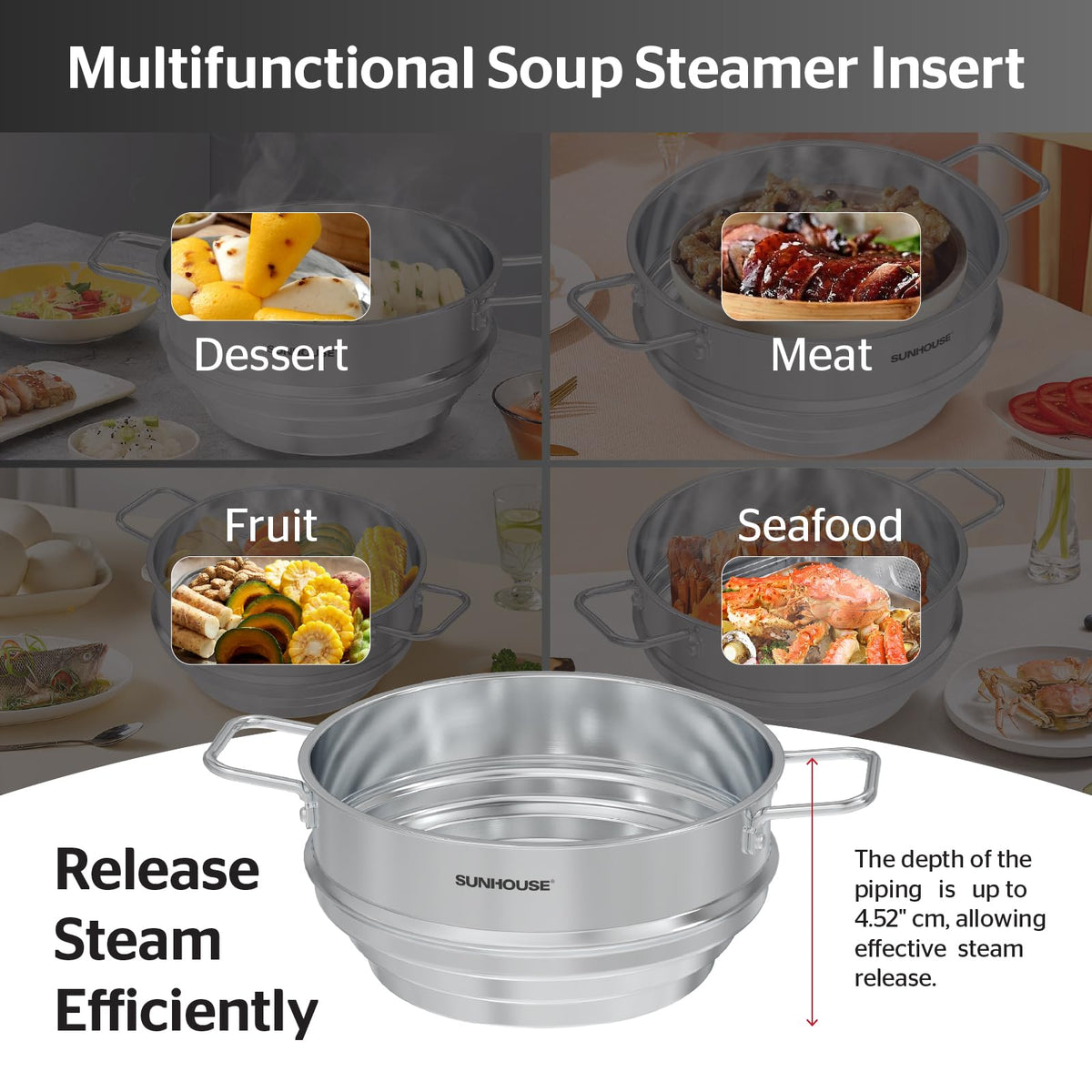 Sunhouse steamer insert close-up on durable stainless steel construction.