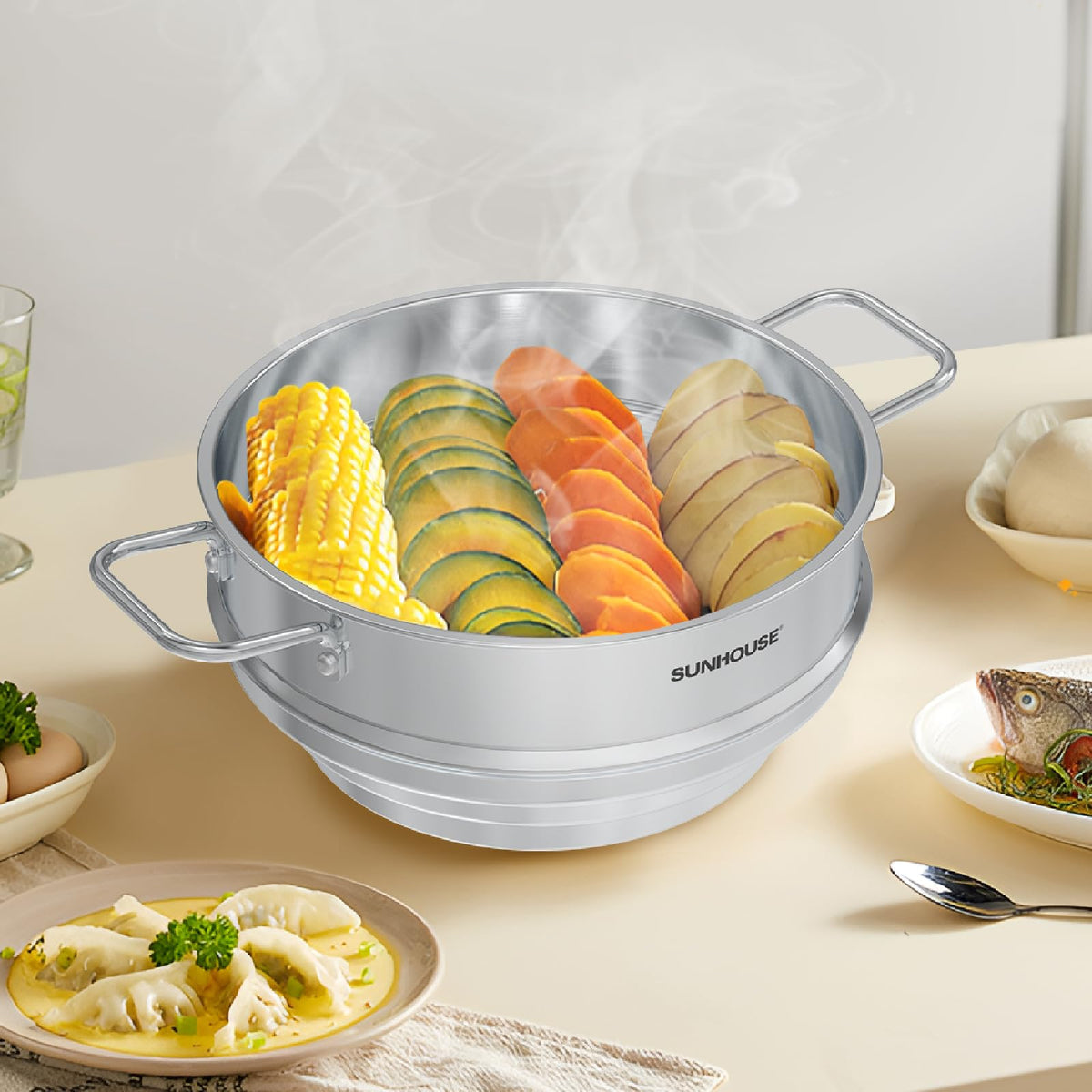 Sunhouse steamer insert with glass lid for monitoring while cooking.