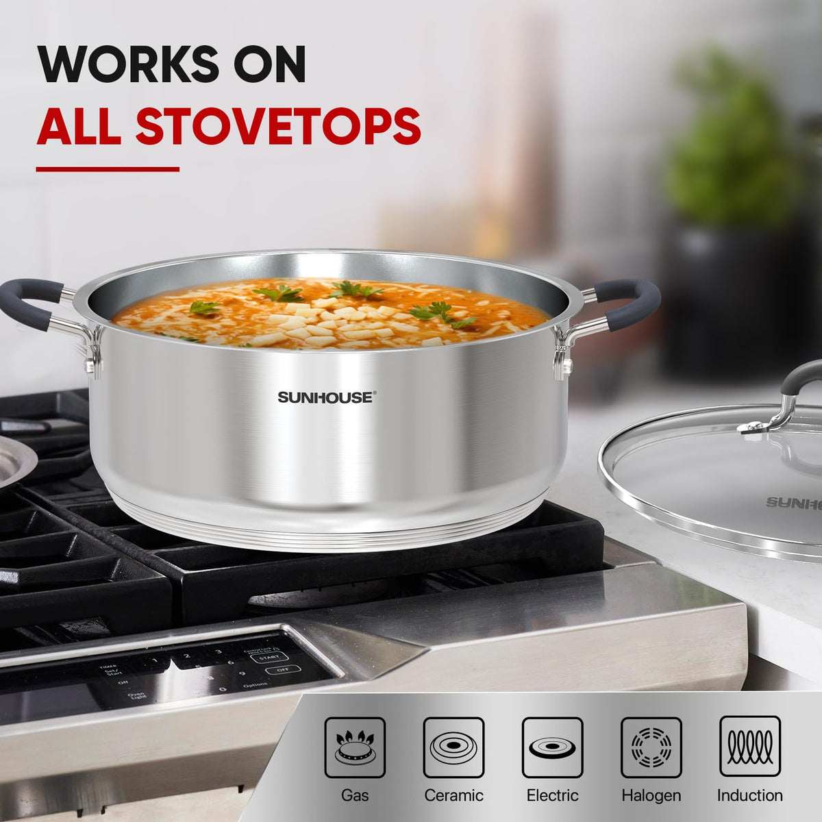 Sunhouse steamer pot with cool-touch handles for safe, comfy cooking.