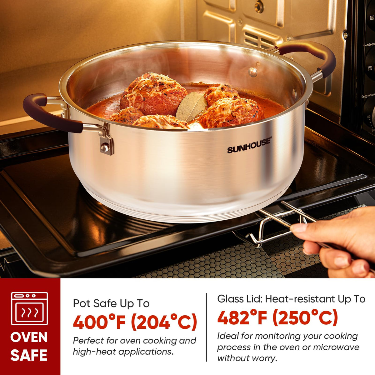Sunhouse steamer pot with tri-ply bottom for even heat distribution.