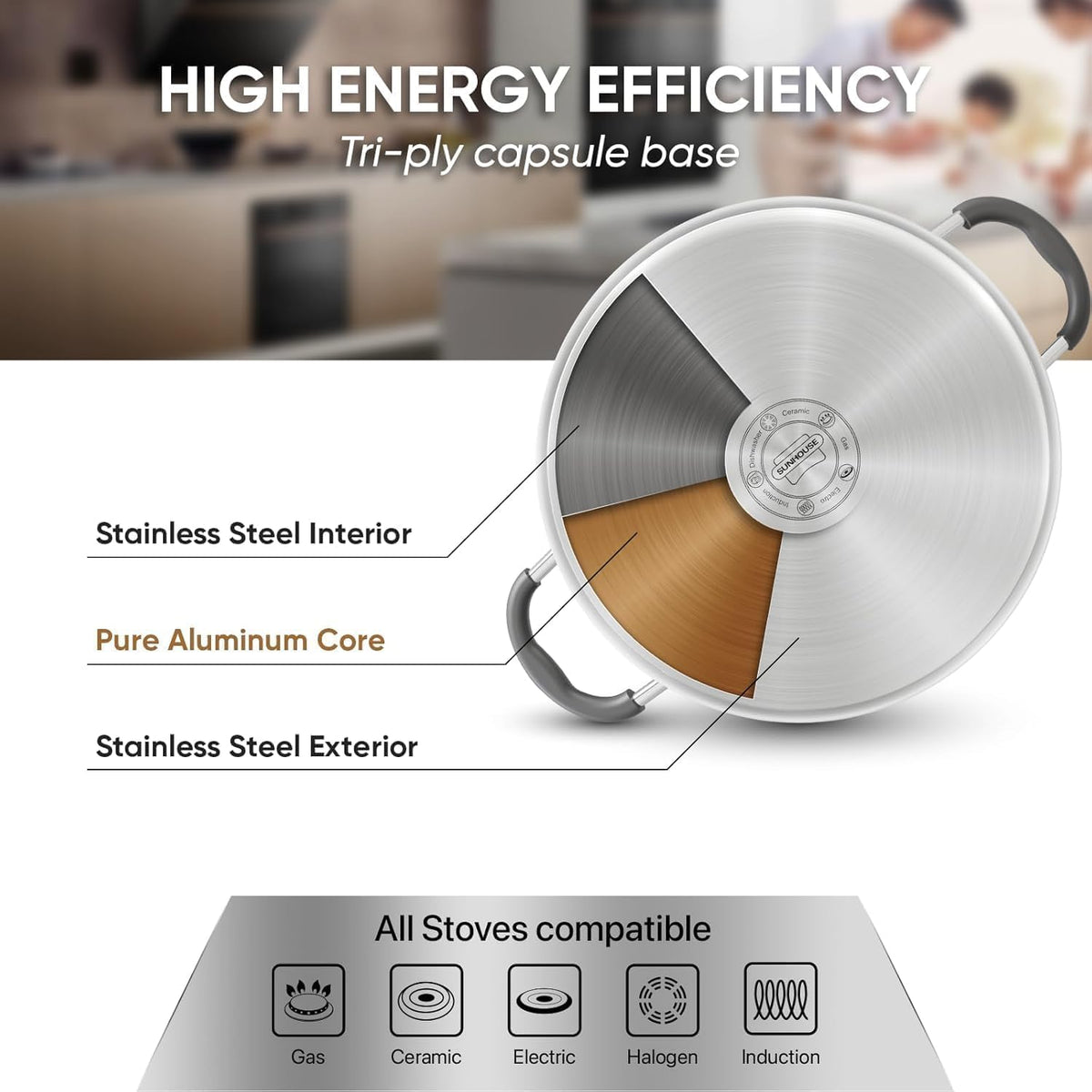 Sunhouse induction-ready pot works on all stove types with sturdy handles.