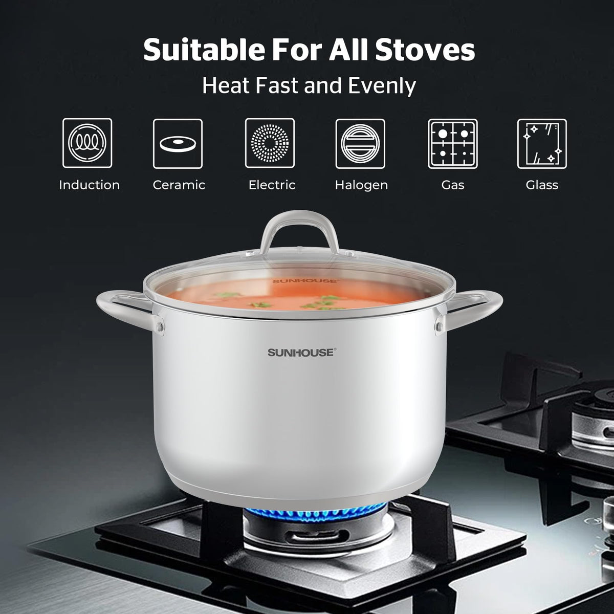 Sunhouse 13qt stock pot suited for batch cooking and canning prep.