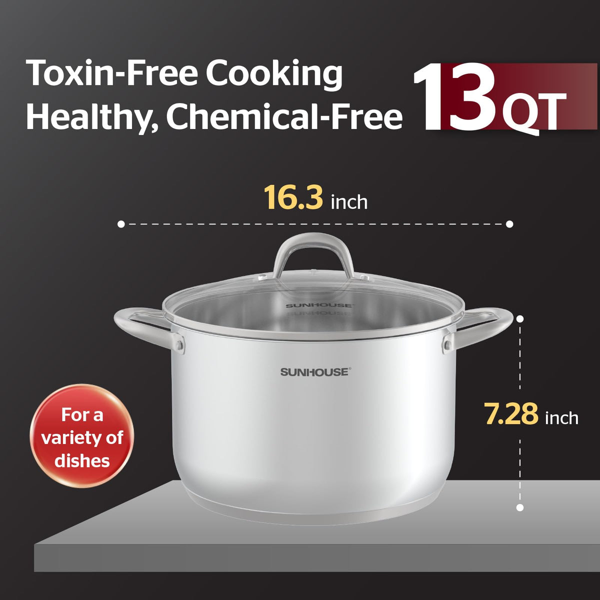 Sunhouse 13qt stock pot is oven-safe for finishing recipes.