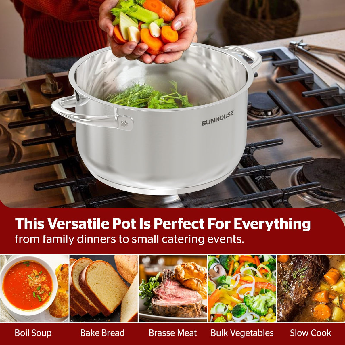 Sunhouse 13qt stock pot ideal for boiling pasta and cooking stocks.
