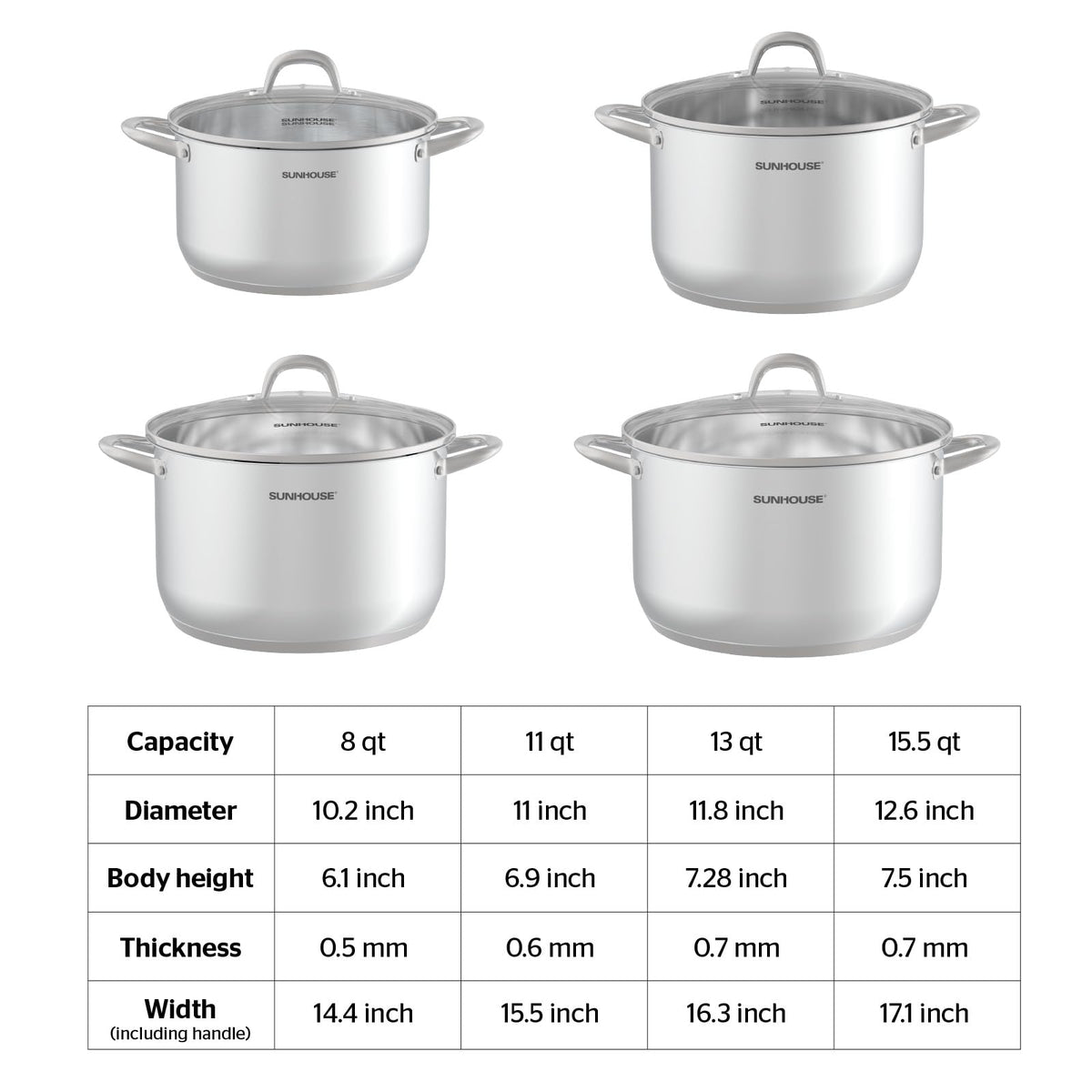Sunhouse stock pot features sturdy side handles for safe lifting.