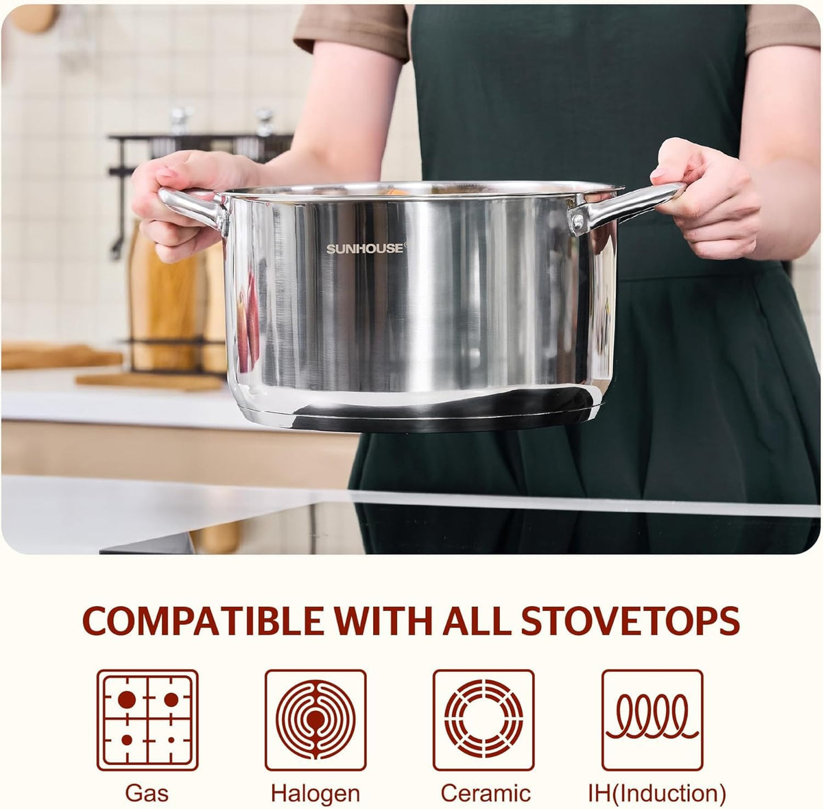 Sunhouse 7qt stock pot bottom base delivers fast, even heat distribution.