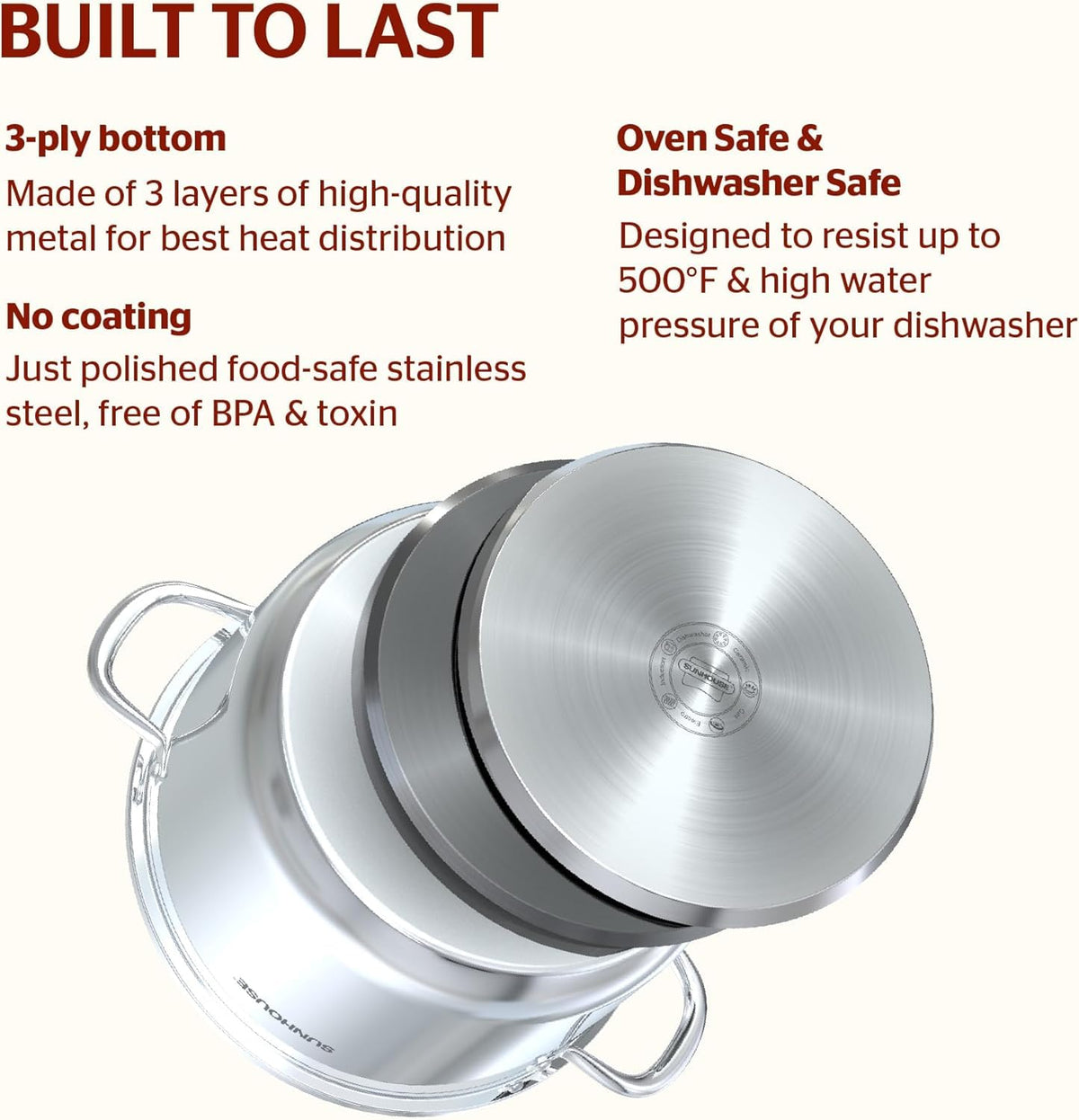 Sunhouse 7qt stock pot with durable riveted handles for safe lifting.