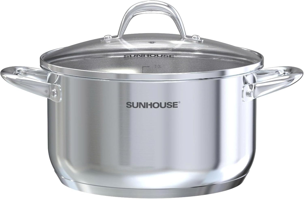 Sunhouse 7qt stock pot with lid view shows durable stainless steel construction.