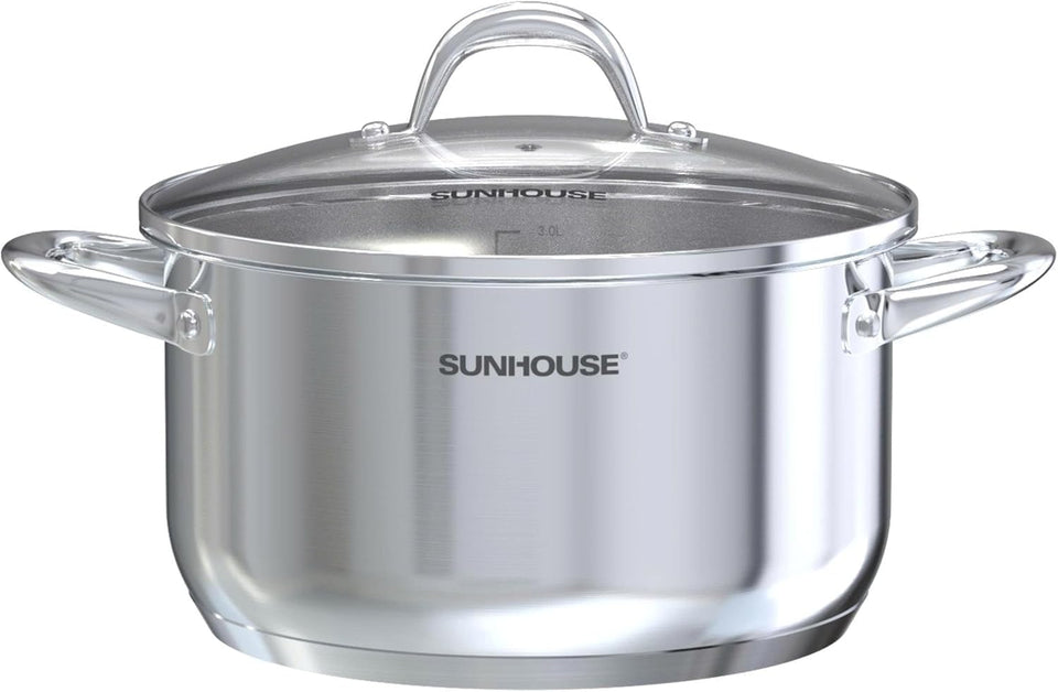 Sunhouse 7qt stock pot with lid view shows durable stainless steel construction.