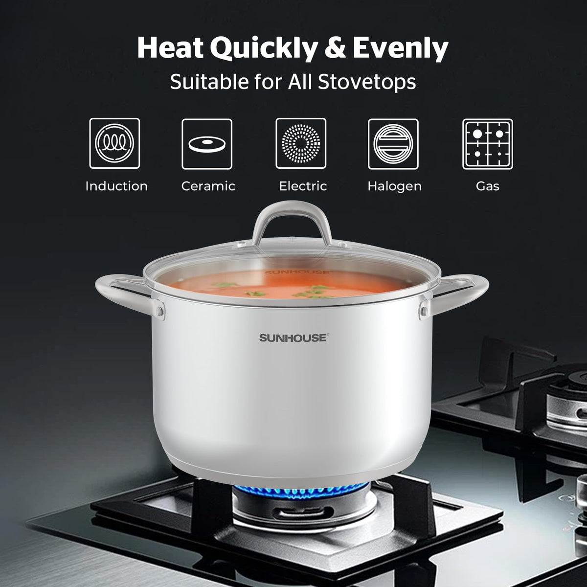 Sunhouse stock pot with induction-compatible base on stove