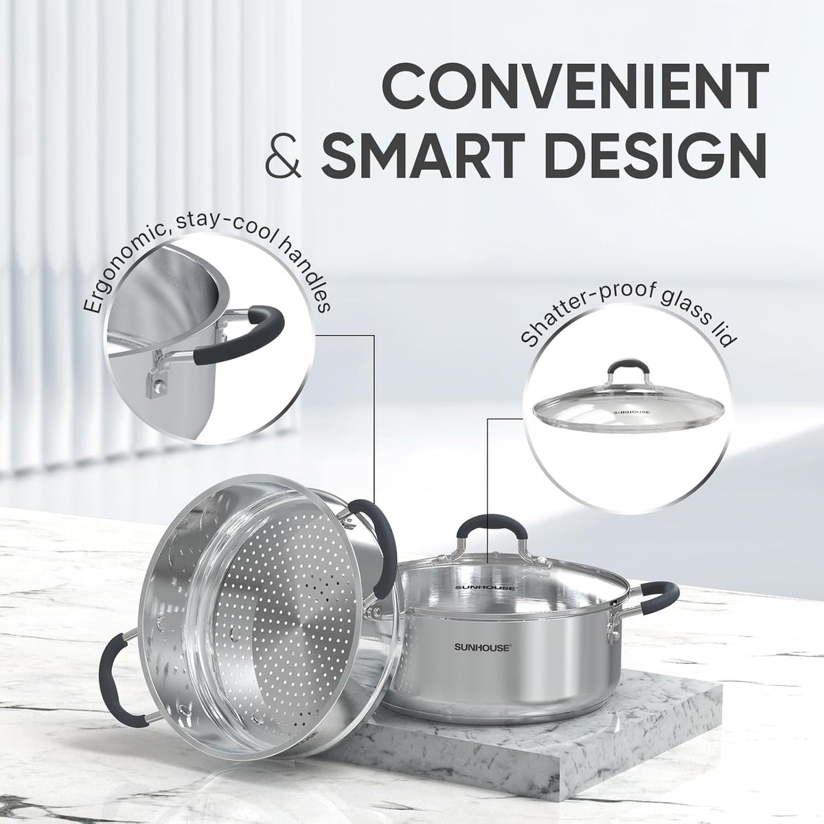 Sunhouse tri-ply bottom provides even heat distribution for reliable results.