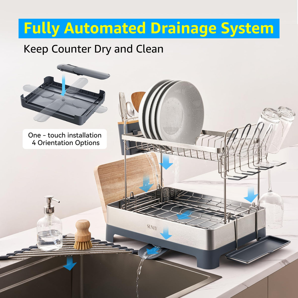 SUNLY 2-tier dish drying rack plate area keeps plates neat and within reach.