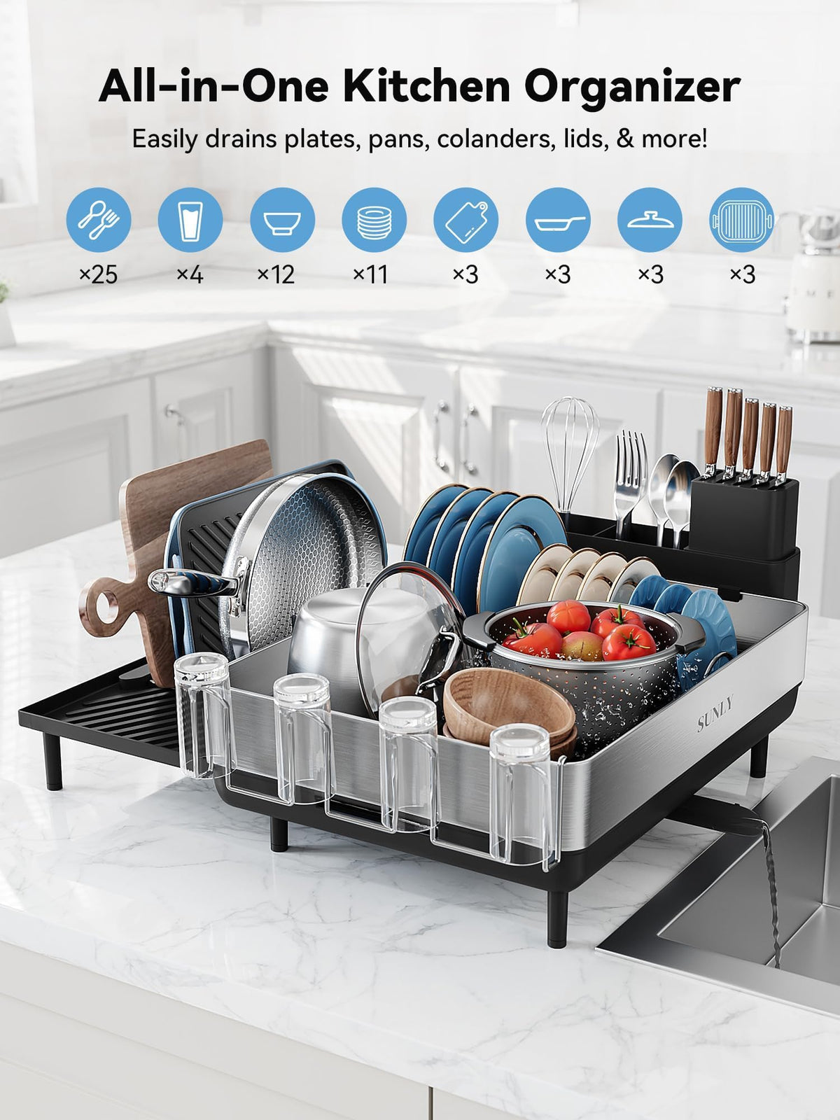 SUNLY dish rack with flip-up holders securely support lids and pans
