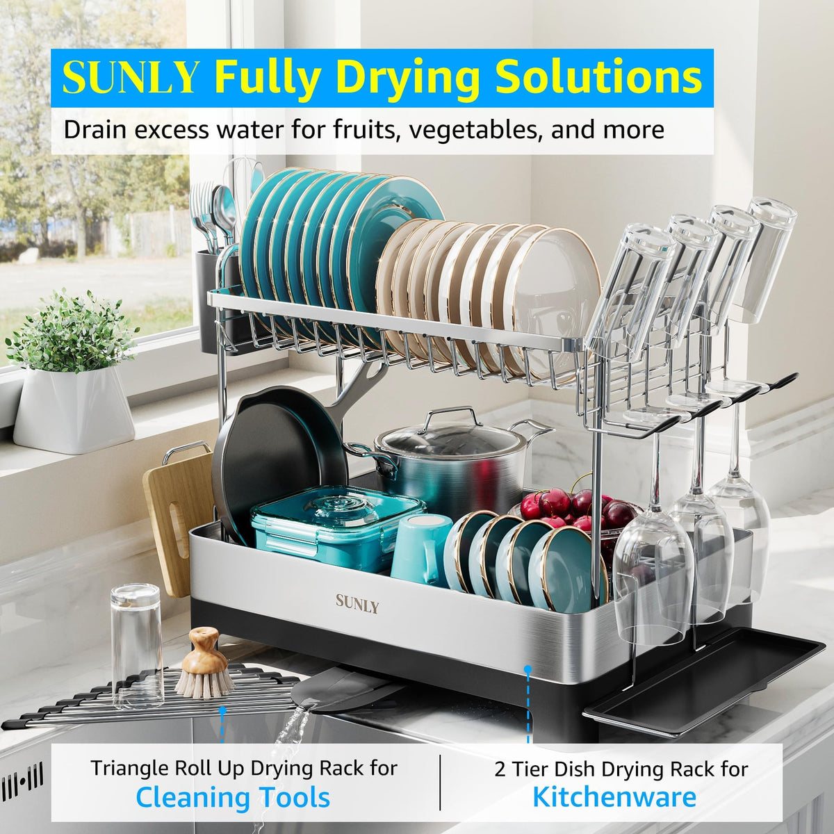 SUNLY rack with designated zones for plates, cups, bowls, and cookware.