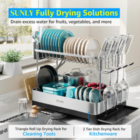 SUNLY rack with designated zones for plates, cups, bowls, and cookware.