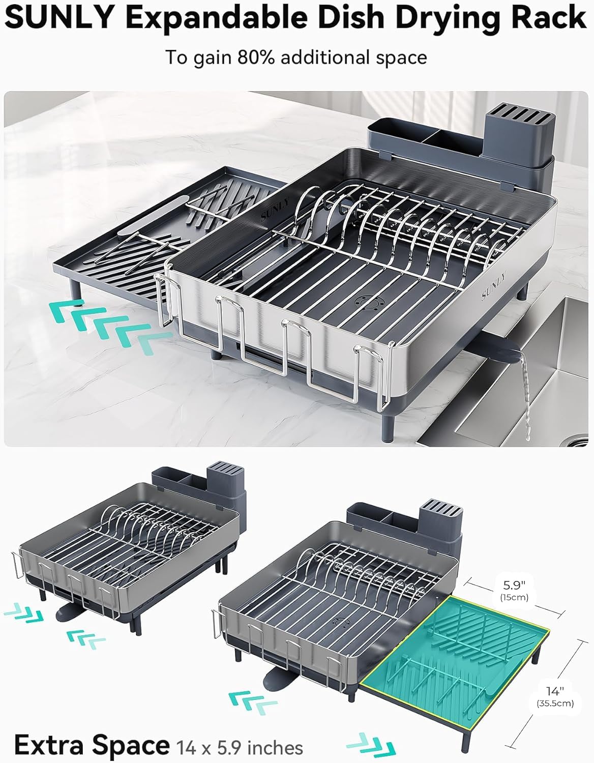 SUNLY dish rack with flip-up holders securely holds lids and pans.