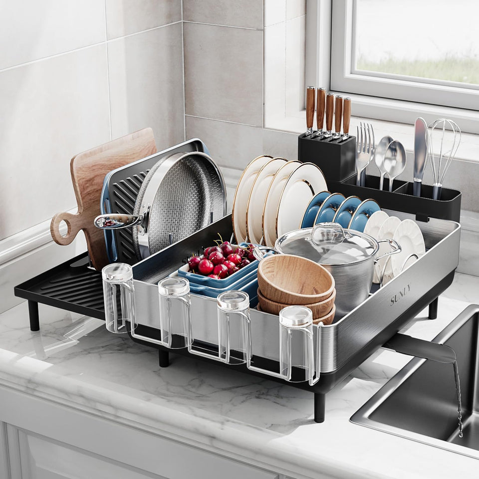 SUNLY expandable dish drying rack with extended drainboard for extra drying space