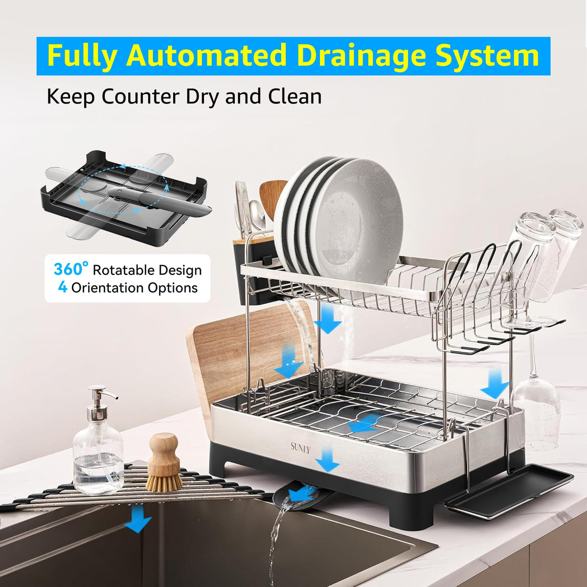 Extendable drainage spout directs water into the sink, keeping counters dry.
