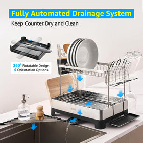Extendable drainage spout directs water into the sink, keeping counters dry.