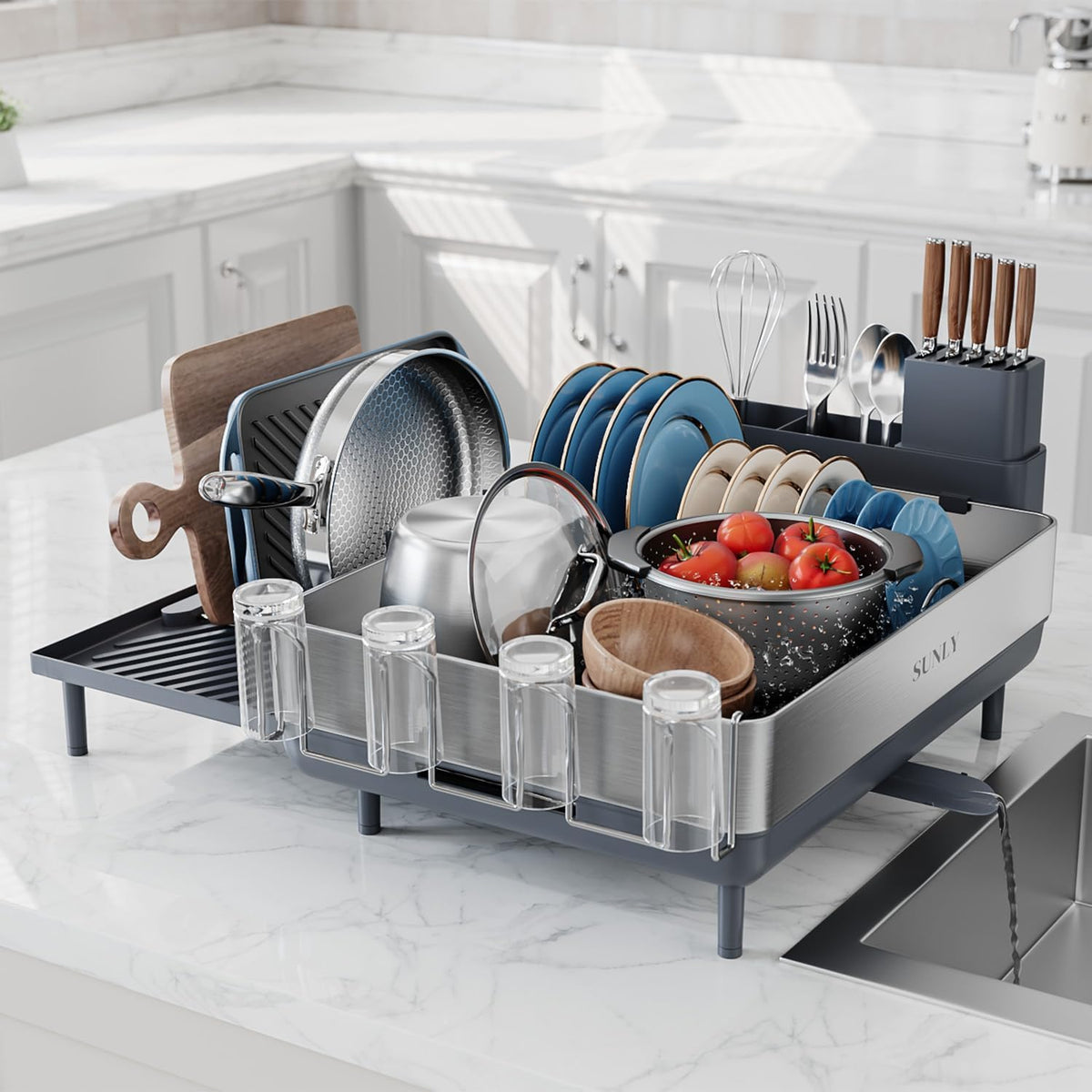 SUNLY expandable-dish-drying-rack with extendable drainboard for extra space.