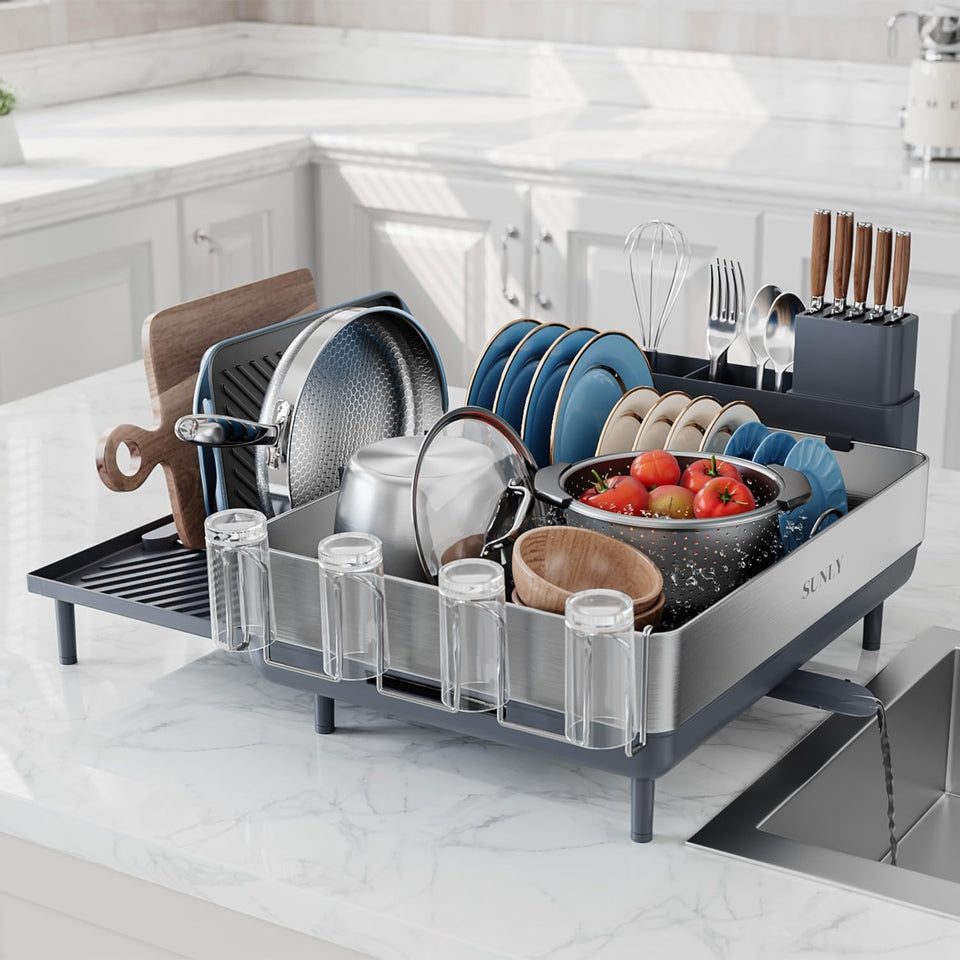 SUNLY expandable-dish-drying-rack with extendable drainboard for extra space.