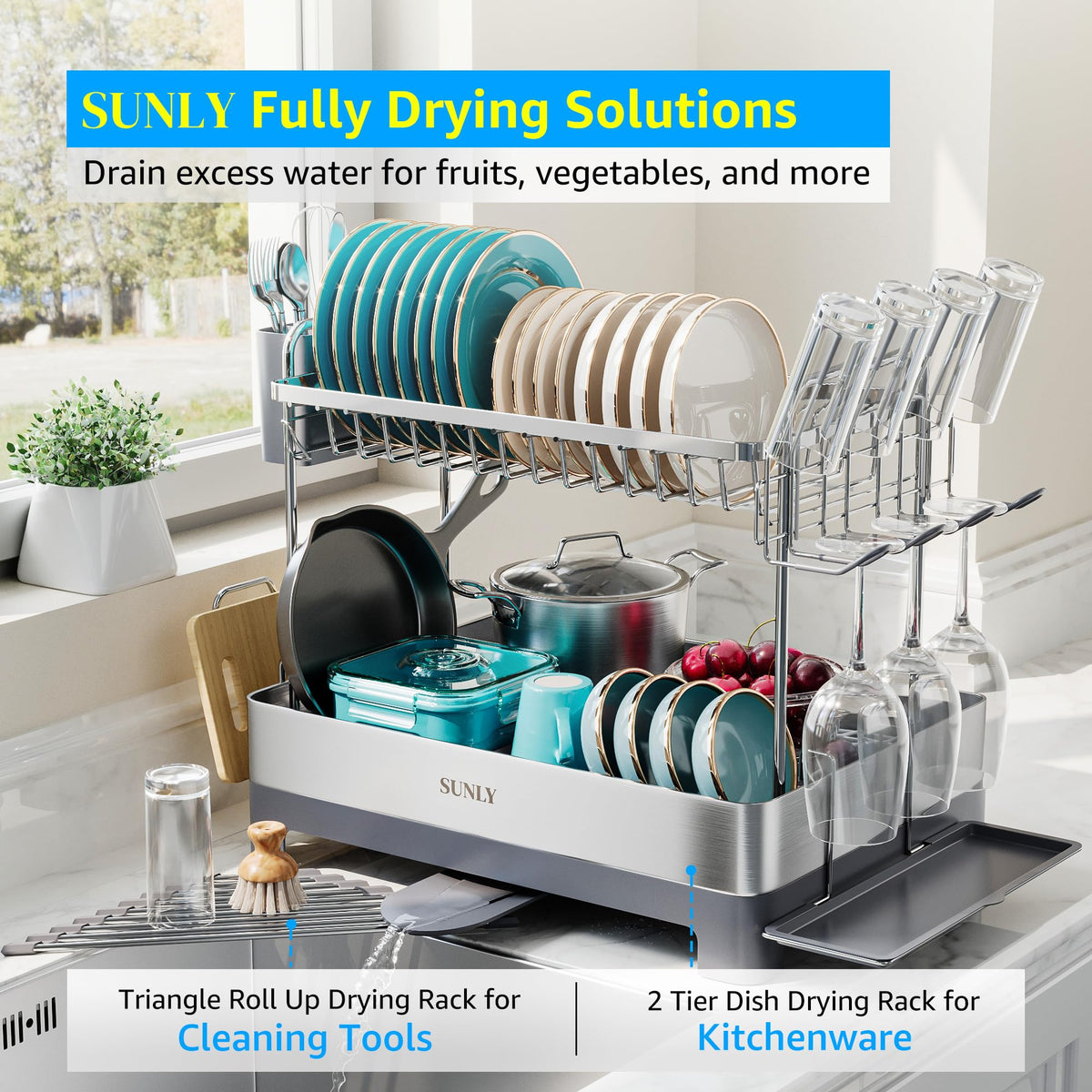 SUNLY large dish drying rack front view highlights two tiers for organized counters.