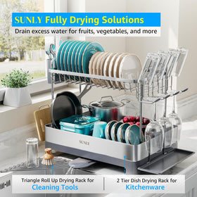 SUNLY large dish drying rack front view highlights two tiers for organized counters.
