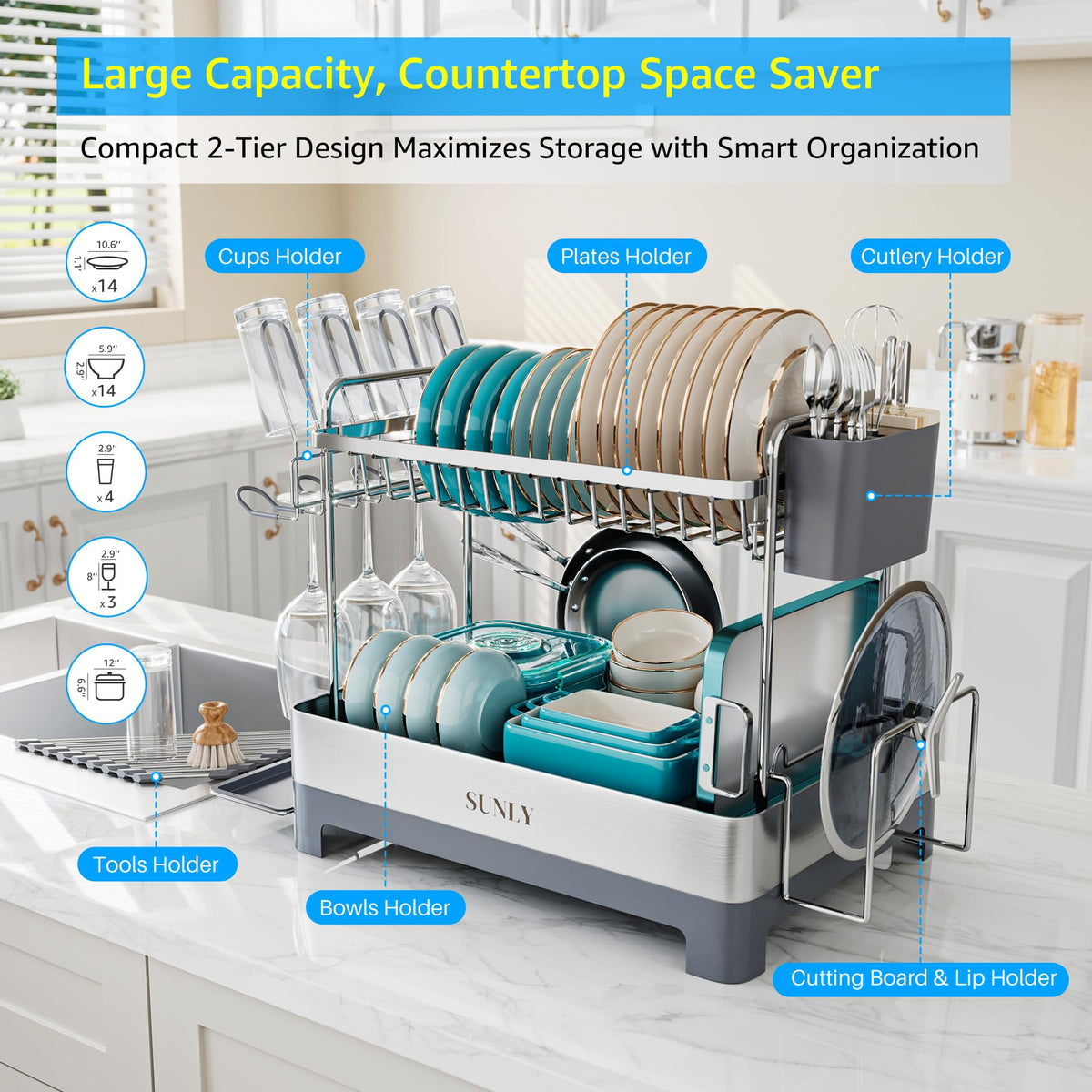 SUNLY large dish drying rack top view reveals integrated drainboard and spout.